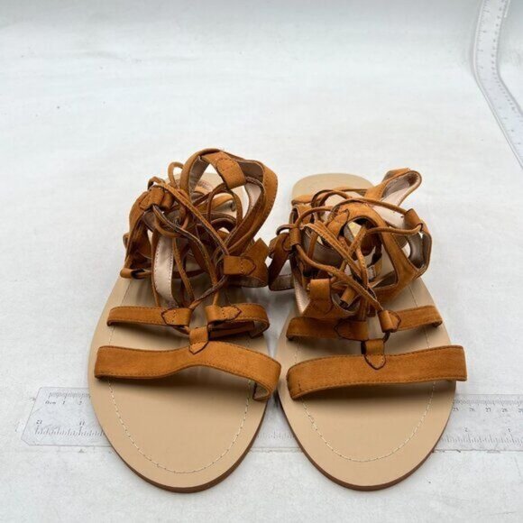 YDN Women  Knee High Lace up Flats Fringe Low Heel Gladiator Strap Sandals Brown - Picture 3 of 8